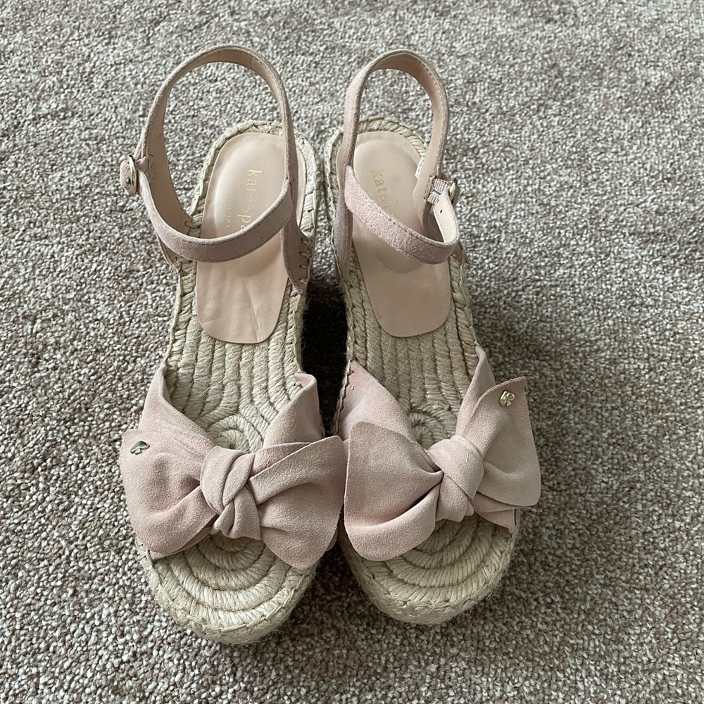 Kate Spade Dusty Blush Suede Bow Espasdrille Platform Wedge Sandals Size 6